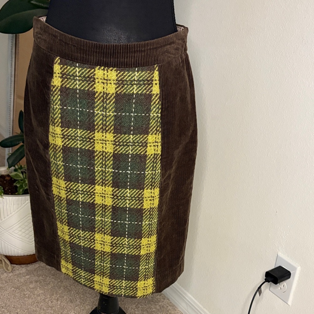 Maeve Brown Corduroy Skirt with Yellow & Olive Plaid Panel
